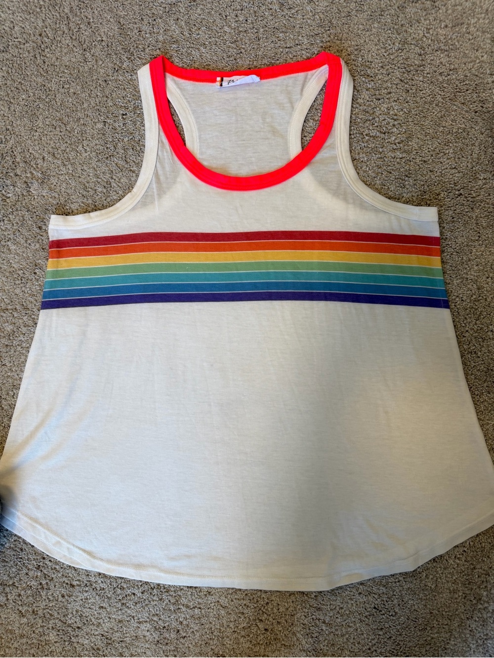 Cream Rainbow Stripe Racerback Tank with Neon Pink Trim